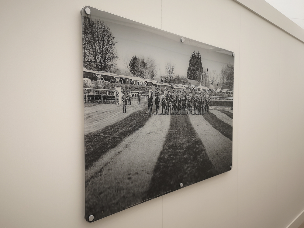 A wall mounted acrylic print of a horse race