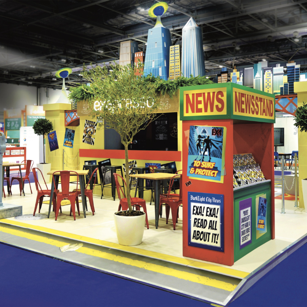 Interactive exhibition stand with coffee bar, seating area, news stand and fabricated city landscape