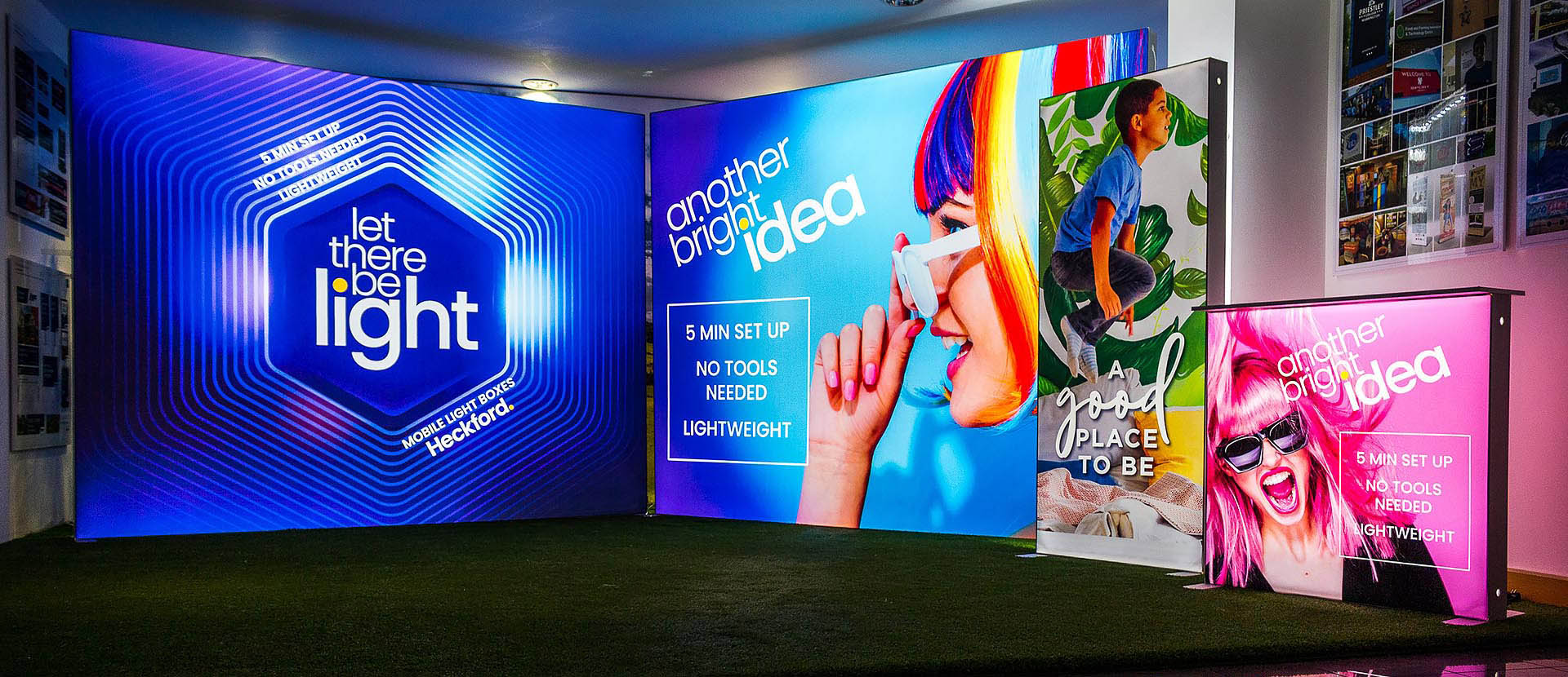 mobile lightboxes illuminating exhibition showroom