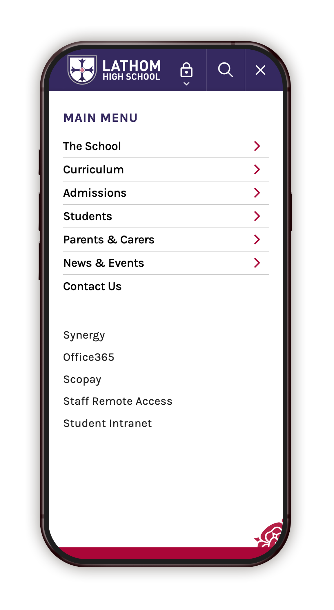 Mobile navigation menu of a High School's Website